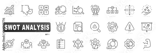 SWOT analysis icon set for strategy planning: strengths, weaknesses, opportunities, threats, matrix, growth, risk, checklist, flowchart, outline, editable stroke, line