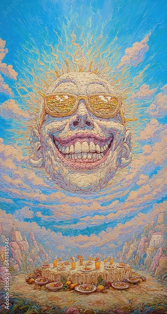 Obraz premium Smiling, sun-drenched figure amidst a surreal feast