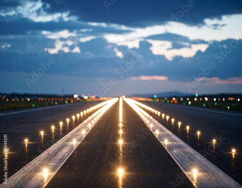 Runway lights at dusk, receding to a cloudy horizon