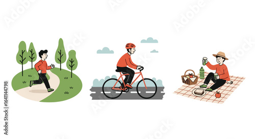 Diverse outdoor activities illustration showcasing running, cycling, and picnicking for promoting active lifestyles and recreational pursuits