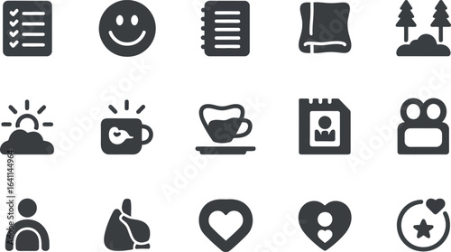 Modern Gray Icons: Checklist, Happiness, Coffee, Love, and Success Symbols