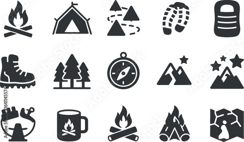 Camping Adventure Icons:  Black Silhouette Style,  Nature Exploration Graphics