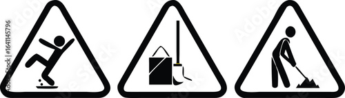 Bundle set illustration black pictogram icon moping floor with bucket, water and broom template icon for safety sign cleaning in progress, janitor, slippery when wet, caution wet floor, fall hazard
