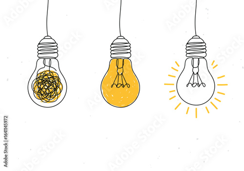Three light bulbs illustrating the journey from confusion to clarity, isolated on white background, representing problemsolving and innovative thinking
