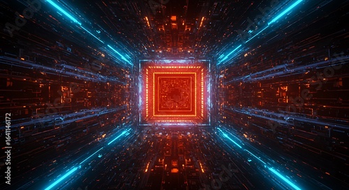 Fototapeta Naklejka Na Ścianę i Meble -  Abstract Square Tunnel with Blue and Orange Lights