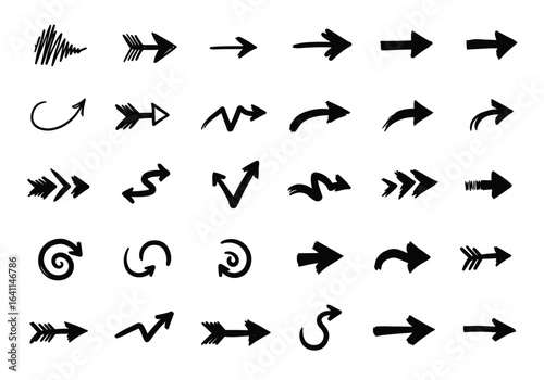 Collection of handdrawn arrow symbols isolated on white background, representing direction, navigation, and choice in various styles and orientations