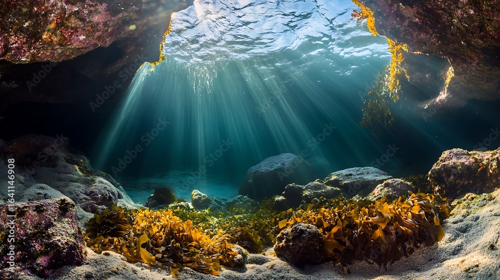 Obraz premium Underwater view of a tropical coral reef with sunlight shining through.