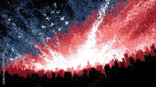Dynamic Urban Skyline: A Vibrant Abstract Interpretation with Red and Blue Accents and Starry Night Highlights