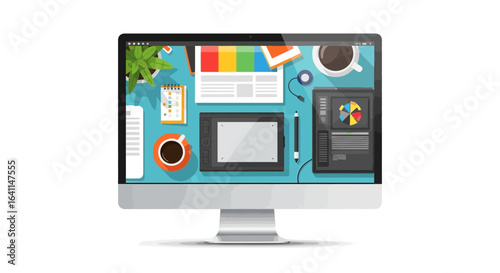 Digital artist workspace setup on desktop screen with creative tools vector