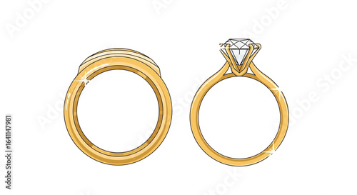Elegant golden wedding and engagement rings with a diamond brilliance