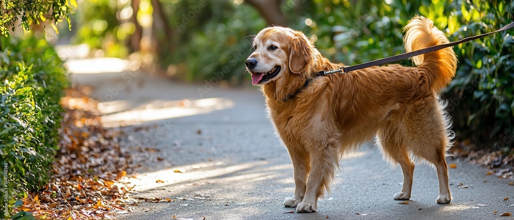 Obraz premium Golden Retriever on Leash in Park, Sunny Day, Happy Dog, Outdoors.
