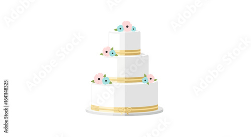 Elegant three-tier cake decorated with pastel flowers and golden ribbon