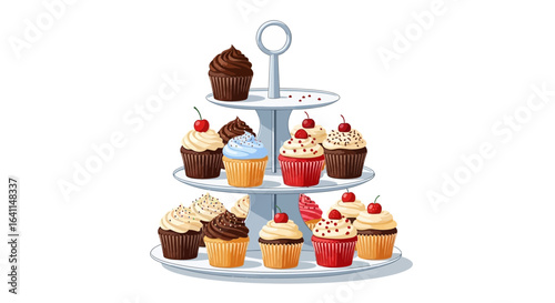 Elegant Three-Tier Stand Showcasing Delightful Cupcakes in Assorted Flavors