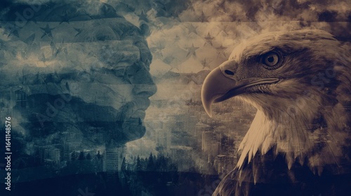Symbolic Representation of National Pride Featuring a Majestic Eagle and Iconic Monument Overlooking a Vibrant Cityscape