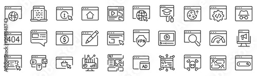 Set of 30 outline icons related to website, browser. Linear icon collection. Editable stroke. Vector illustration