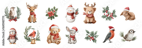 Christmas Forest animals set, Animals in winter scarfs, Watercolor. Festive and cute collection of Vector  illustrations, bears, deer, fox. Cozy Watercolor clip art elements ready to print