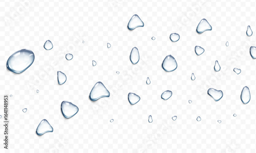 Realistic water drops. PNG drops, condensation on the window, transparent water drop. Abstract water drops, bubbles on transparent background, digital liquid design, Stock royalty free. 