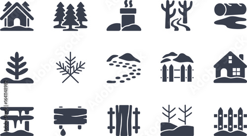 Winter landscape icons:  rustic cabins, snowy forests, fences, and footprints.