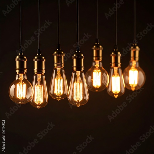 Seven illuminated Edison-style bulbs hang against a dark background, showcasing their warm glow and varying shapes