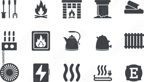 Modern Heating and Fireplace Icons:  Simple Gray Vector Graphics
