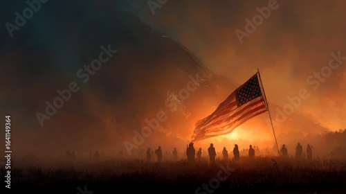 Dramatic Sunset Silhouettes with American Flag Symbolizing Unity and National Pride in a Mystical Landscape