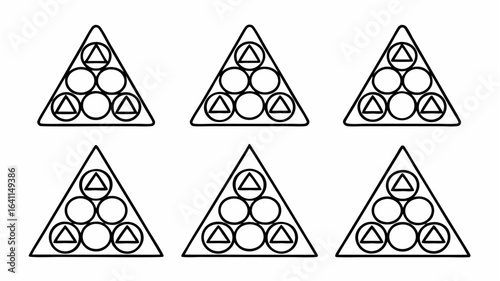 Six triangular shapes containing circles and triangles arranged in a symmetrical pattern design |  editable eps vectors silhouette