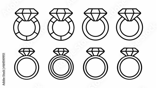Illustration of eight diamond rings with varying band designs in a simple black and white outline style |  editable eps vectors silhouette
