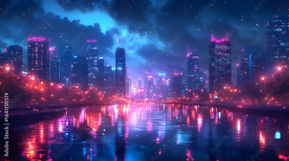 Fototapeta premium Illuminated Cityscape Reflected in Tranquil Waterway at Night