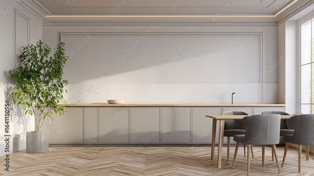 Fototapeta premium Minimalist Kitchen Interior Design with Wood Flooring, Natural Light, and Plant Accent Creating a Clean and Calm Ambiance