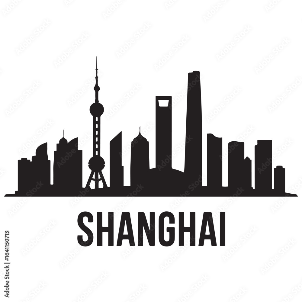 Fototapeta premium Shanghai skyline silhouette. Landscape Shanghai, China. Vector illustration. Vector black silhouette. with white background.