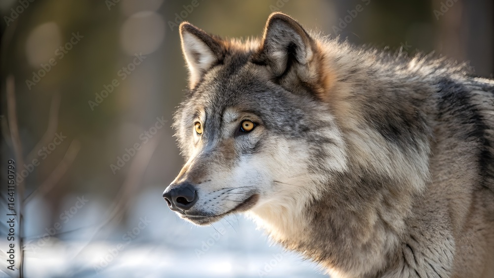 Fototapeta premium Intense Wolf Gaze: Winter Wildlife Portrait with Bokeh Background