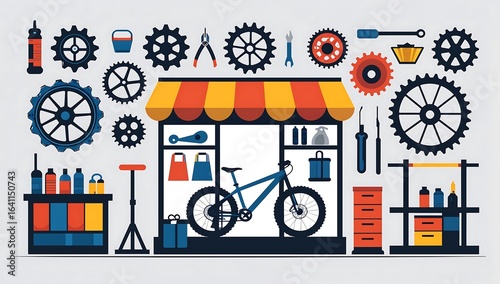 Minimalist bike shop, gear icon, repair stand