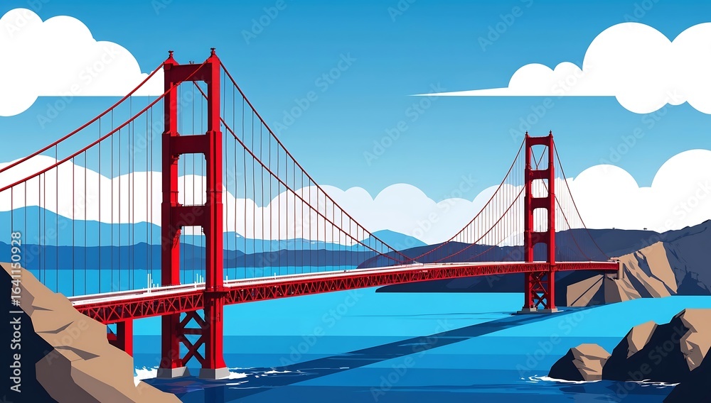 Obraz premium Minimalist flat vector Golden Gate Bridge, red simplified structure, blue water background.