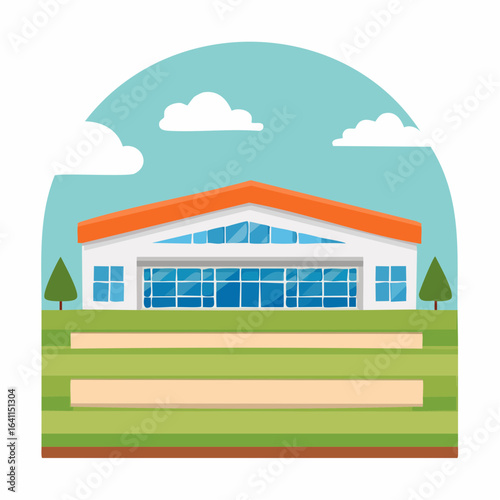 Modern structure with orange rooftop under a blue cloudy sky, surrounded by verdant field