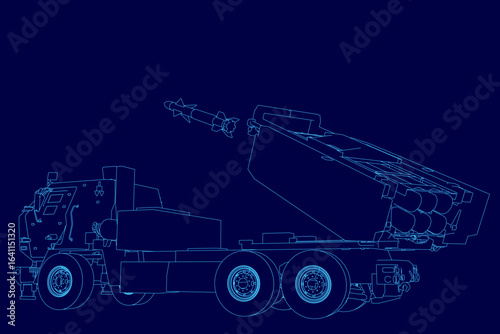 A military truck blueprint features a missile launcher on its flatbed, outlined in white contour lines. The detailed schematic includes technical markings and dimensions.