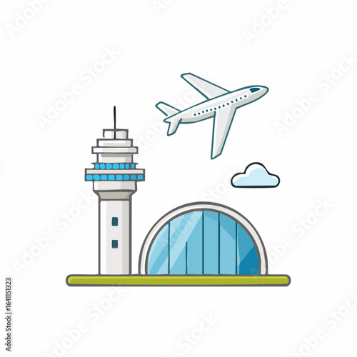 Airplane Flying Near Control Tower and Terminal Building at Airport
