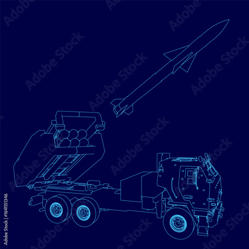 A military missile launcher truck blueprint features a rocket mounted on its platform, set against a dark blue background. The detailed contour lines highlight the vehicle's structure and launch.