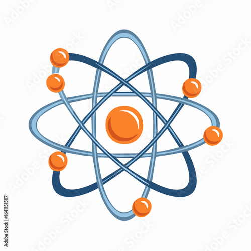 Stylized Atom Illustration with Orbitals and Orange Nucleus, Isolated on White, Science Concept