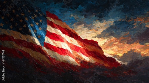 Patriotic American Flag with Vibrant Brushstrokes Against Dramatic Sunset Sky