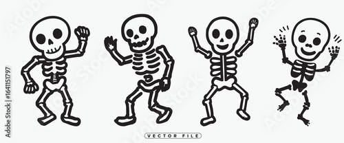Set of dancing skeleton illustrations in various poses and styles