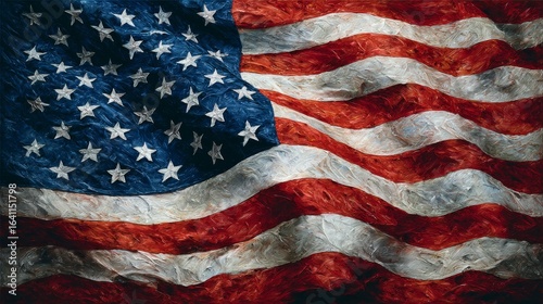 American Flag Painting Depicts Waving Stars and Stripes with Patriotic Symbolism and Textural Brushstrokes in Red, White, and Blue – Celebrating National Pride and Cultural Heritage