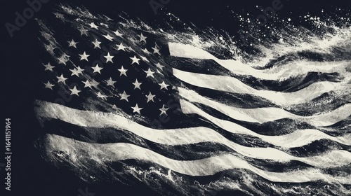 Dynamic and Textured Black and White American Flag Illustration Evoking Patriotism and National Pride