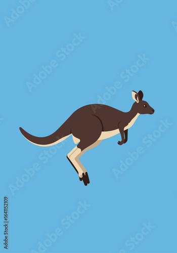 Illustration of a brown kangaroo leaping against a light blue background.