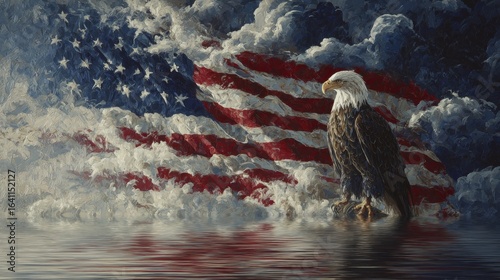 Majestic Bald Eagle Stands Proud in Front of Flapping American Flag Reflecting Freedom and Patriotism