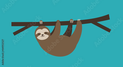 A cute cartoon sloth smiling while hanging upside down from a tree branch.
