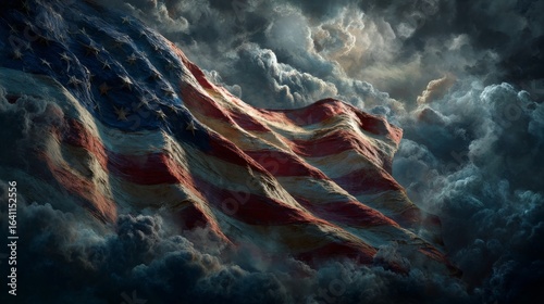 Dramatic Vision of a Waving National Flag Amidst Tempestuous Skies: Symbolic Representation of Strength and Unity