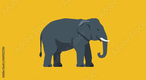 Simple illustration of a standing Asian elephant against a mustard yellow background.