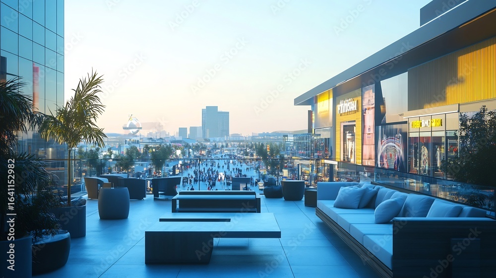 Fototapeta premium Bustling Modern City Center with Towering Skyscrapers and Outdoor Gathering Space