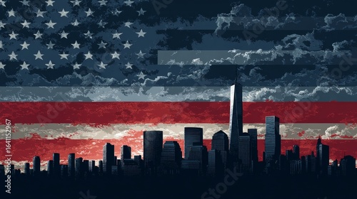 Captivating Urban Skyline Against Dramatic American Flag Backdrop in Monochrome Silhouette Art
