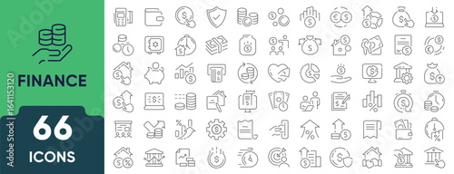 Finance Line Icon Set. Set of 66 outline icons including money, investment, budgeting, banking, loans, savings, and financial growth. Editable stroke. Linear vector illustration.